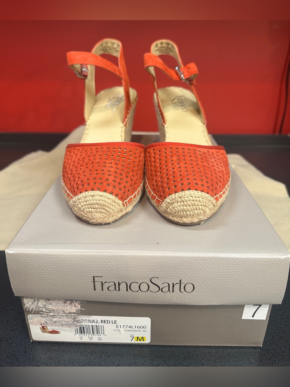 Franco Sarto Merona2 Red LE Espadrilles Suede 3.25” Wedge Sandals Women’s Sz 7M